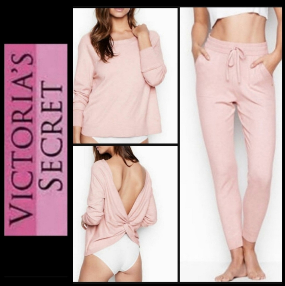 NEW VICTORIA'S SECRET TWIST BACK SWEATER & JOGGERS HEATHER WINTER ROSE PINK SET